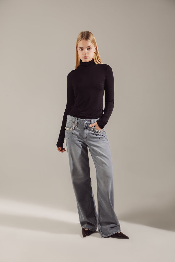 Swarovski-Embroidered Soft Stretch Oversize Jeans