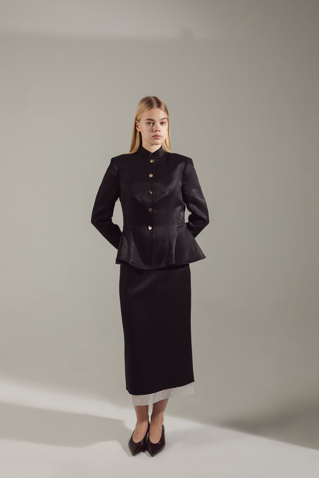 Deep Black Peplum Suit - Jacket & Skirt