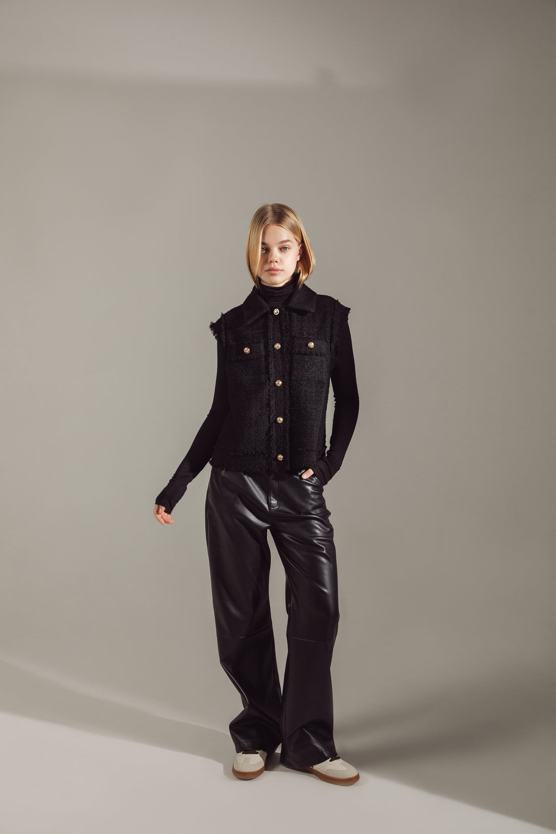 Gold-Buttoned Black Tweed Raw-Edge Vest
