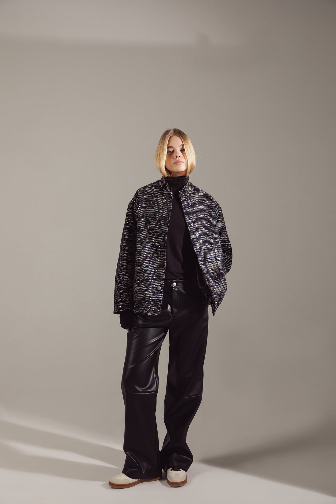 Deep Gray Sequin-Embellished Oversize Bomber