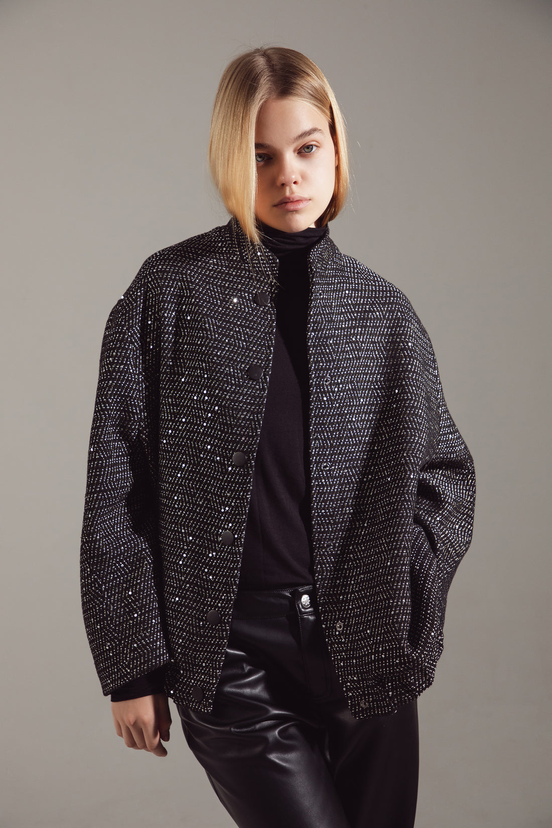Deep Gray Sequin-Embellished Oversize Bomber
