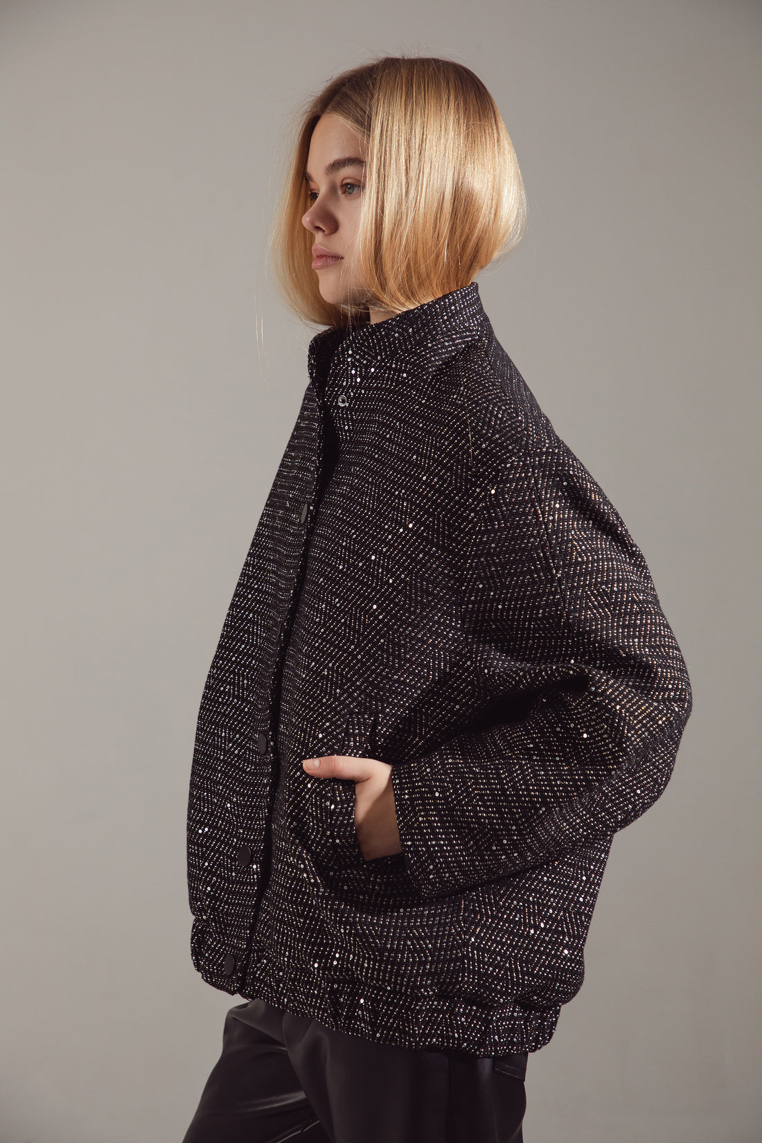 Deep Gray Sequin-Embellished Oversize Bomber