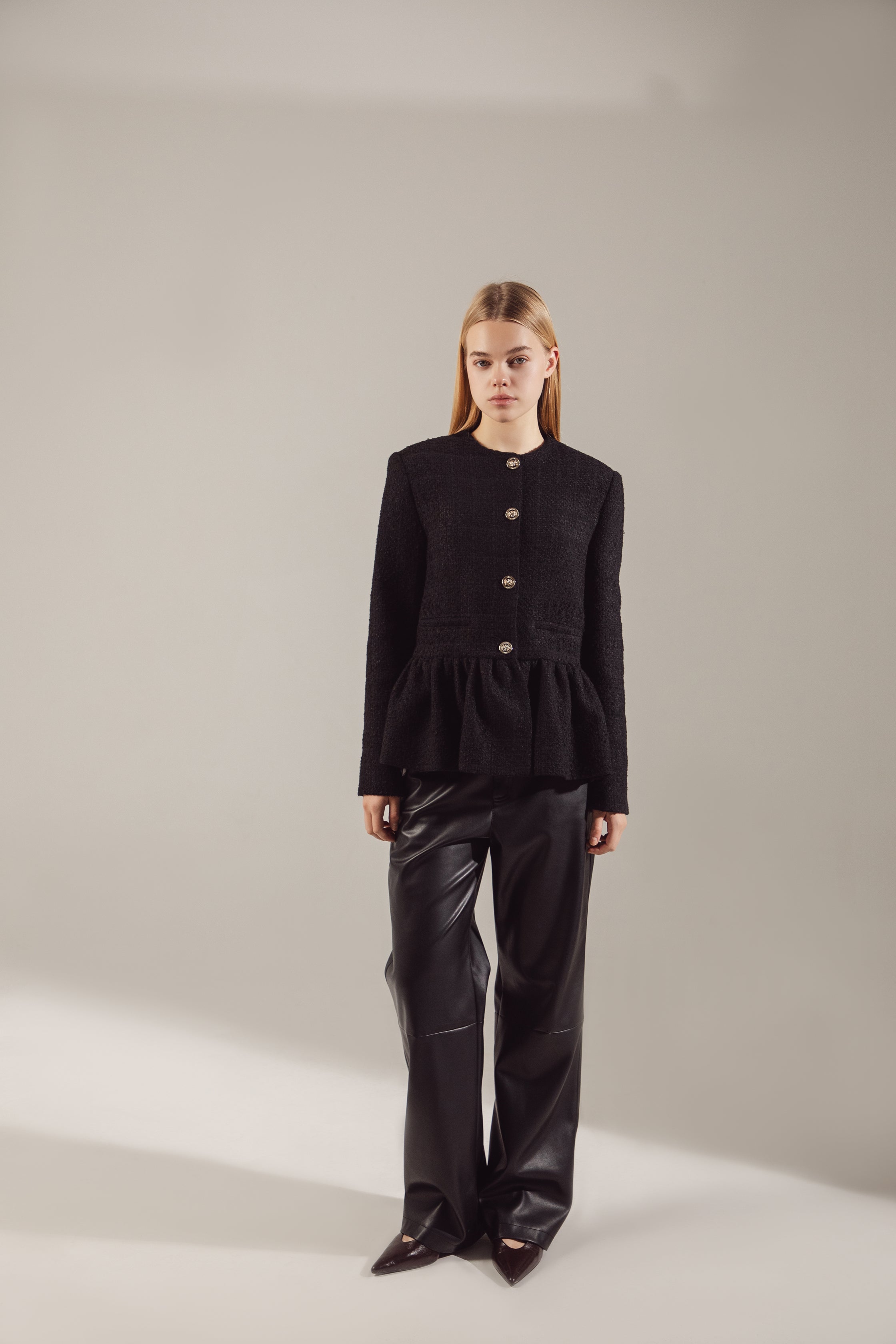 Black Tweed Balloon-Hem Jacket
