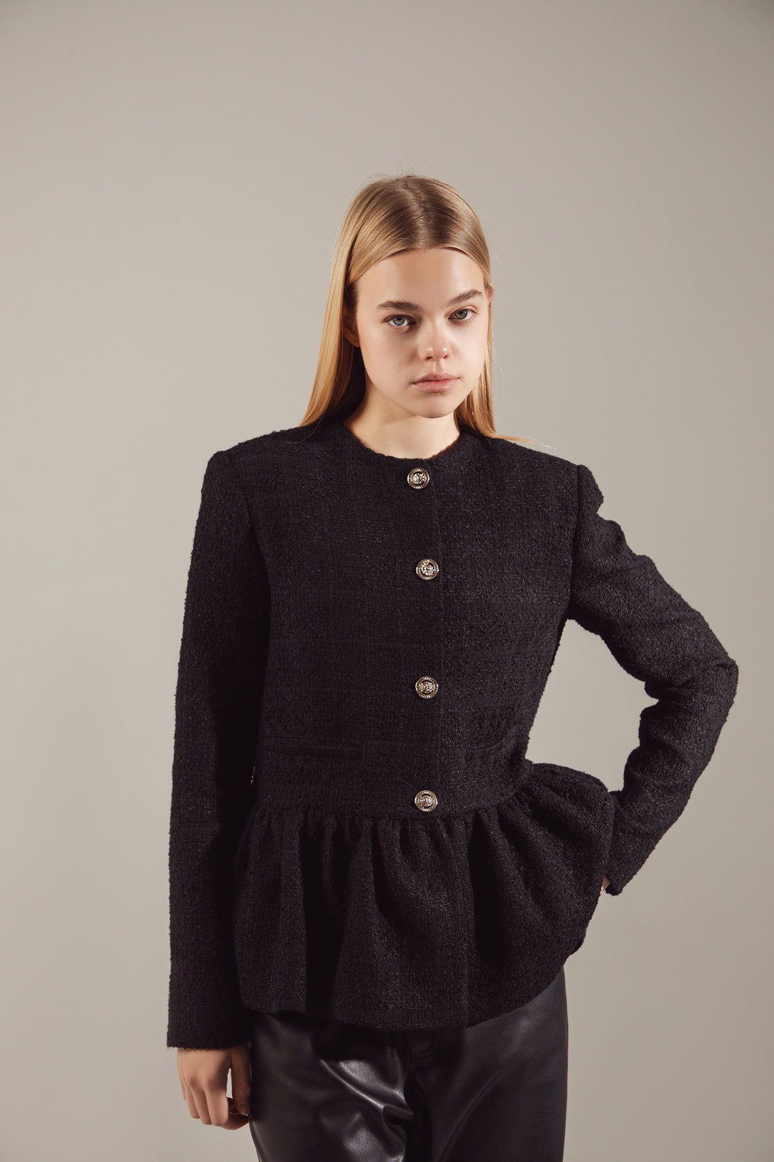 Black Tweed Balloon-Hem Jacket