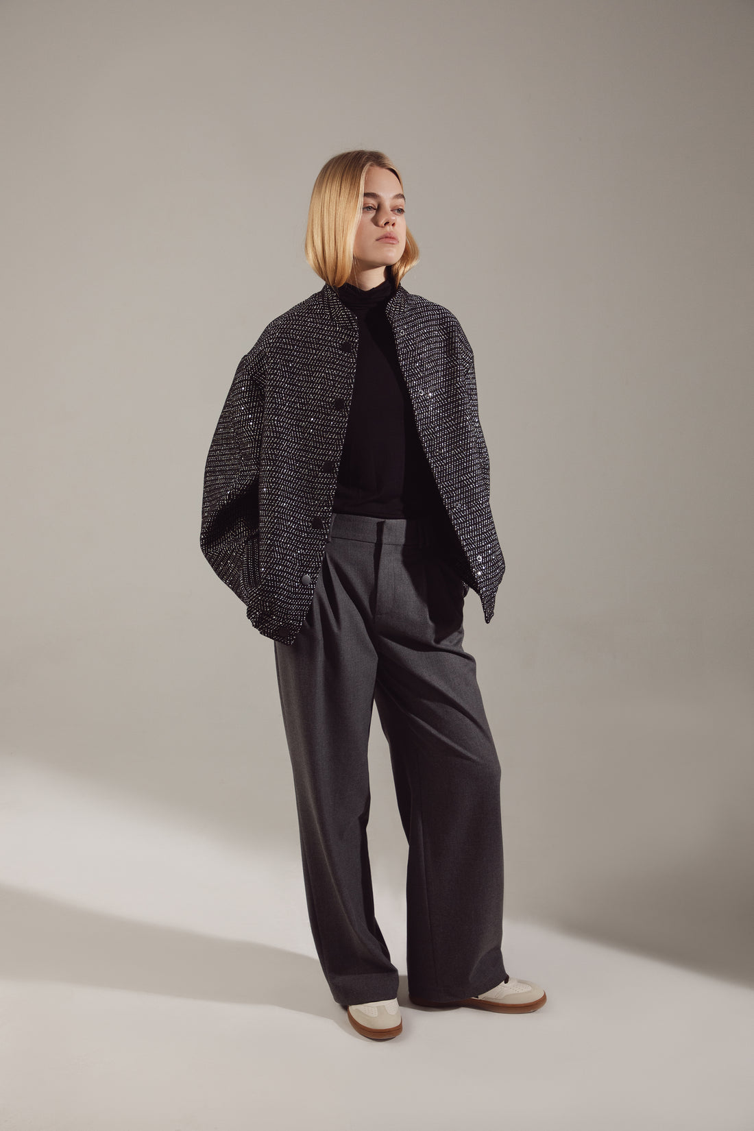 Deep Gray Sequin-Embellished Oversize Bomber