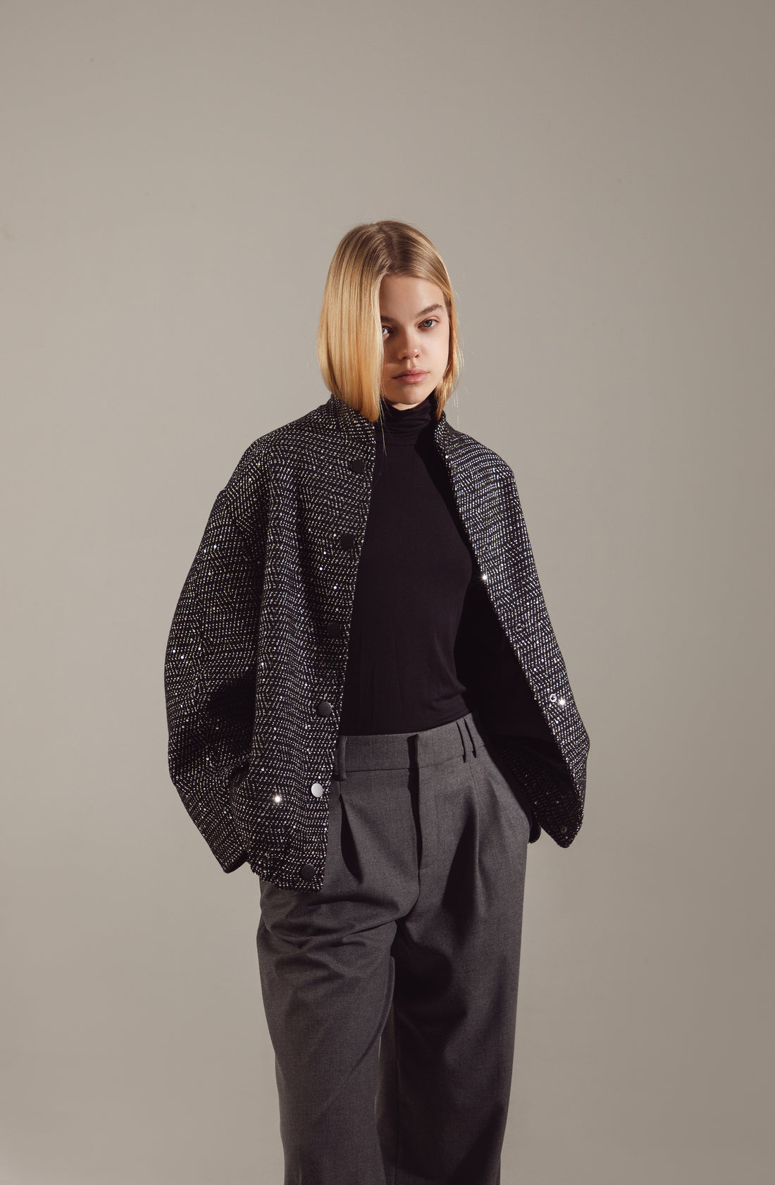 Deep Gray Sequin-Embellished Oversize Bomber
