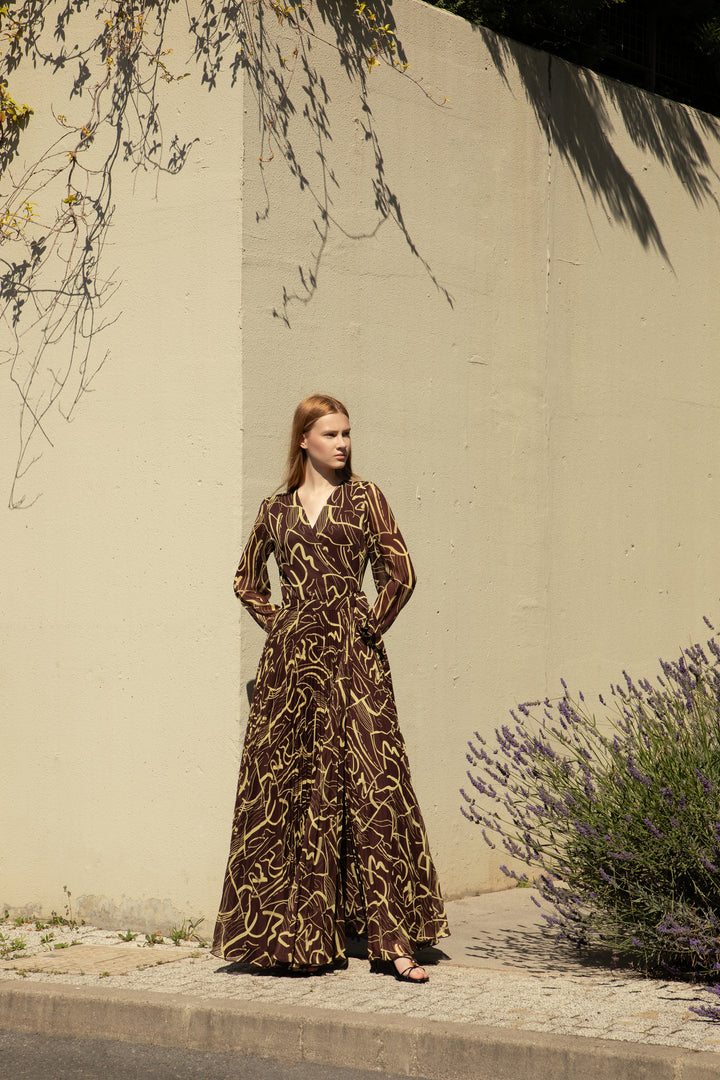 Deep Chocolate Exclusive Pleated Chiffon Dress