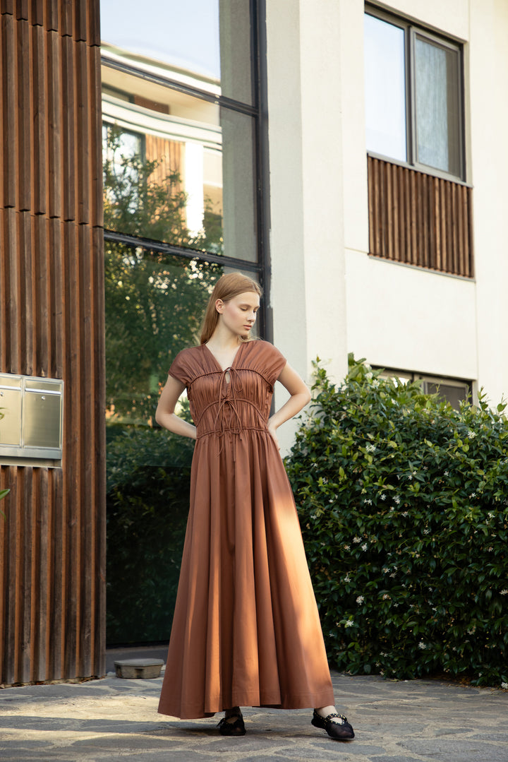 Spicy Caramel Poplin-Satin Bow Dress