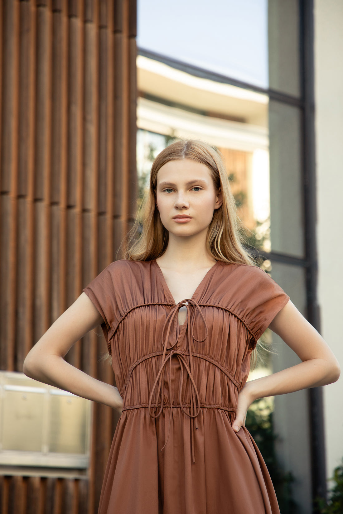 Spicy Caramel Poplin-Satin Bow Dress