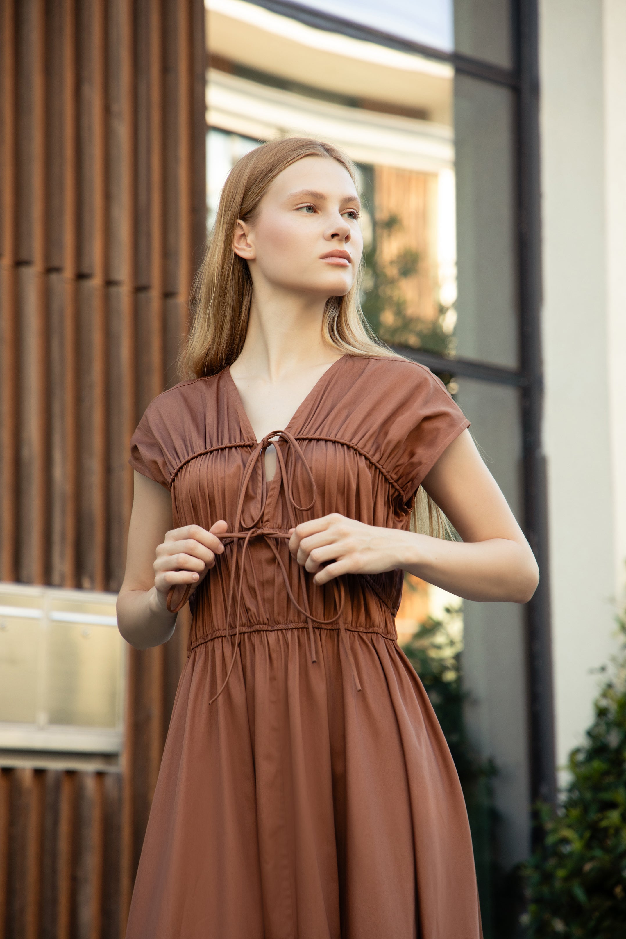 Spicy Caramel Poplin-Satin Bow Dress