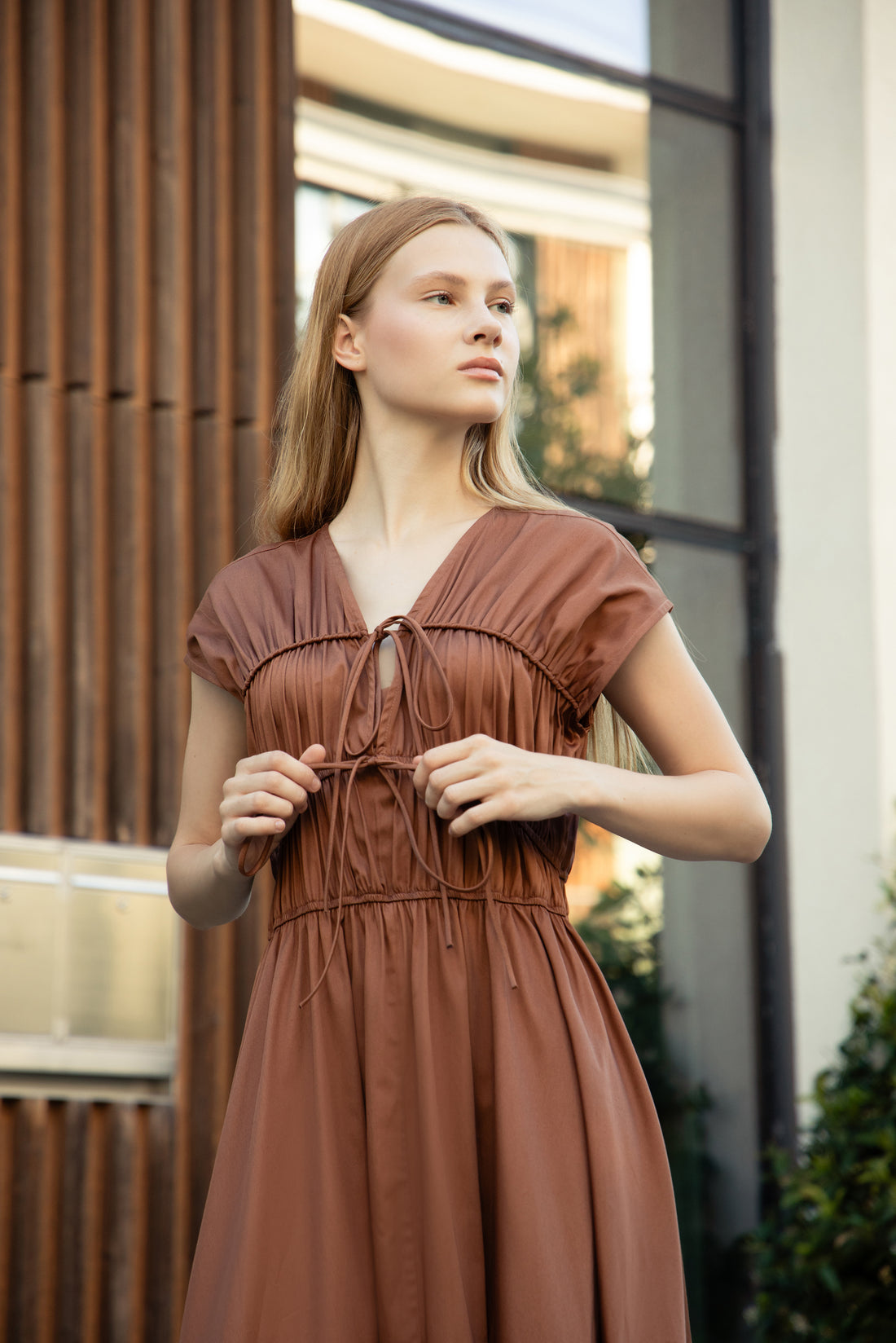 Spicy Caramel Poplin-Satin Bow Dress
