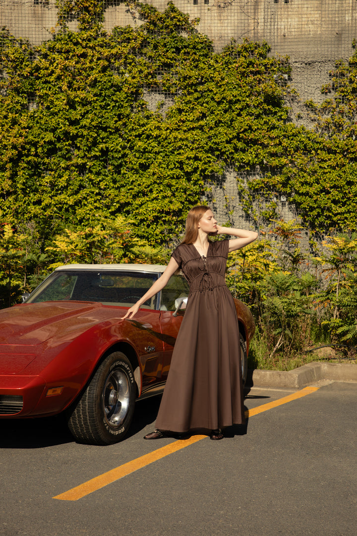 Dark Chocolate Poplin-Satin Bow Maxi Dress