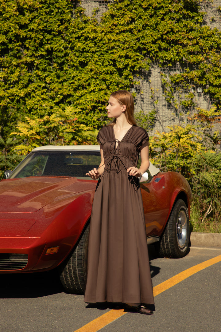 Dark Chocolate Poplin-Satin Bow Maxi Dress