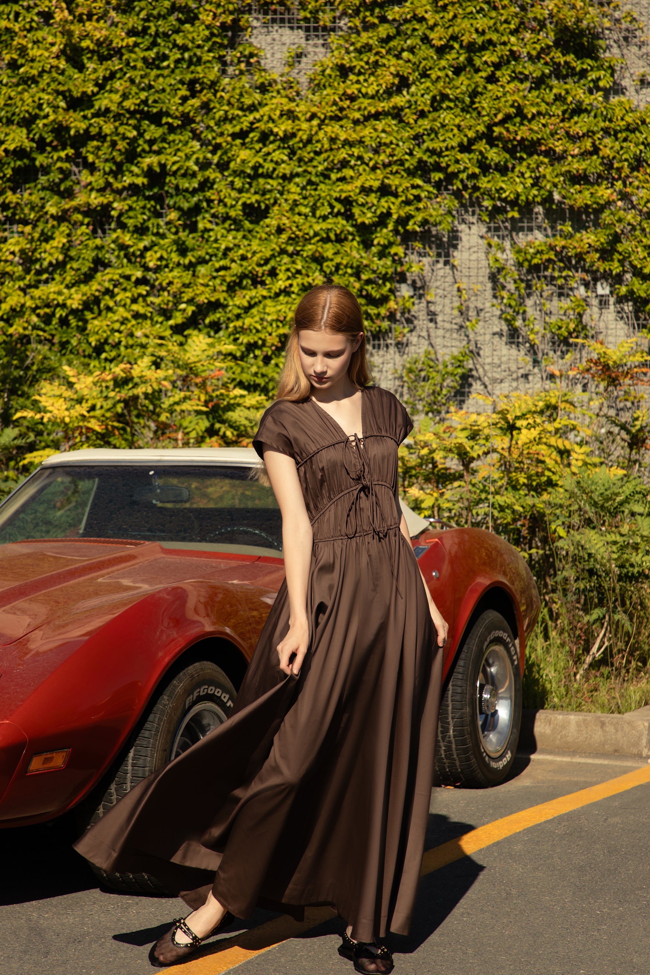 Dark Chocolate Poplin-Satin Bow Maxi Dress