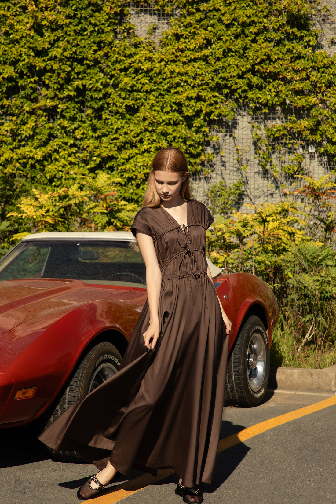 Dark Chocolate Poplin-Satin Bow Maxi Dress