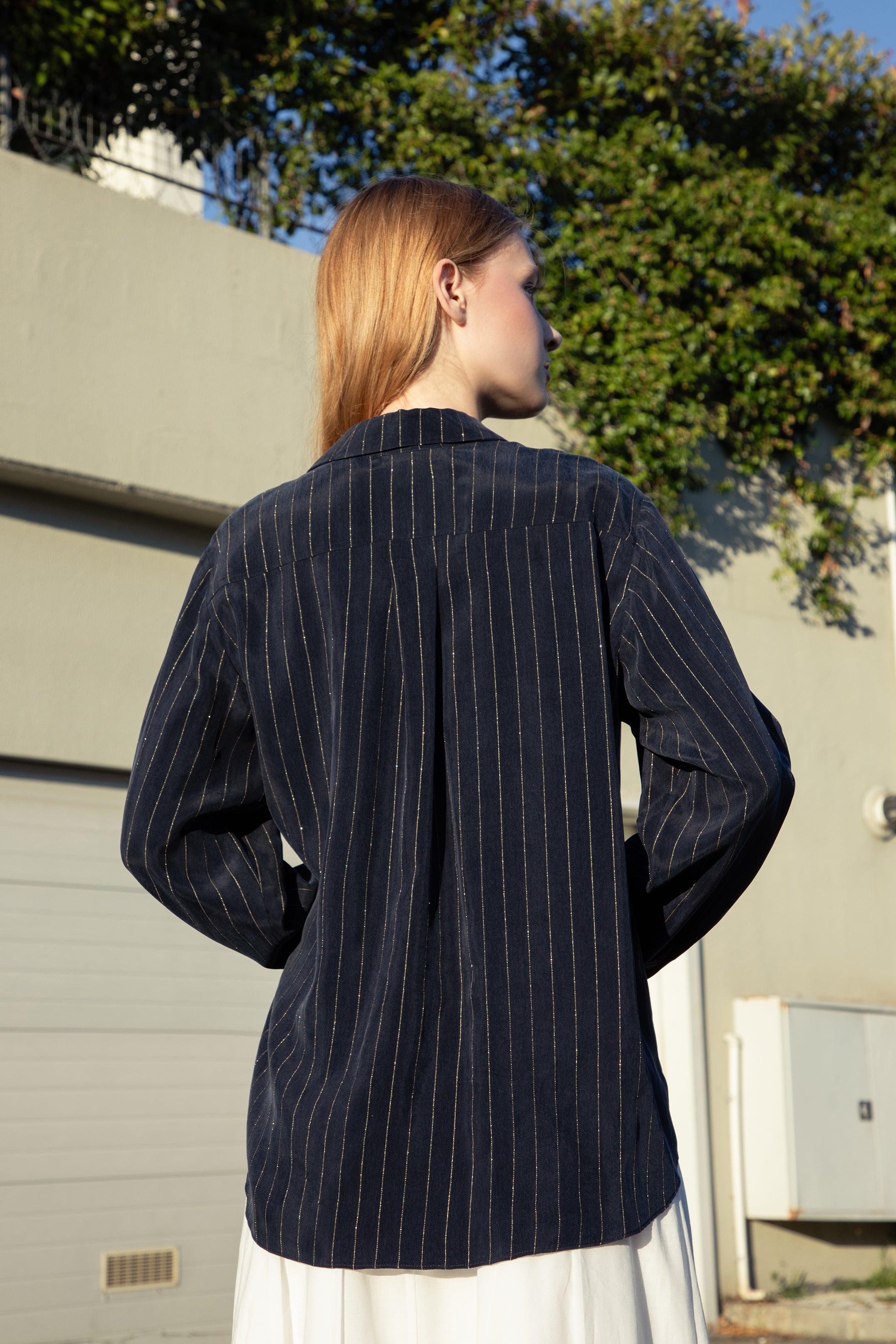 Navy Gold-Striped Silk-Cupro Multi-Way Shirt