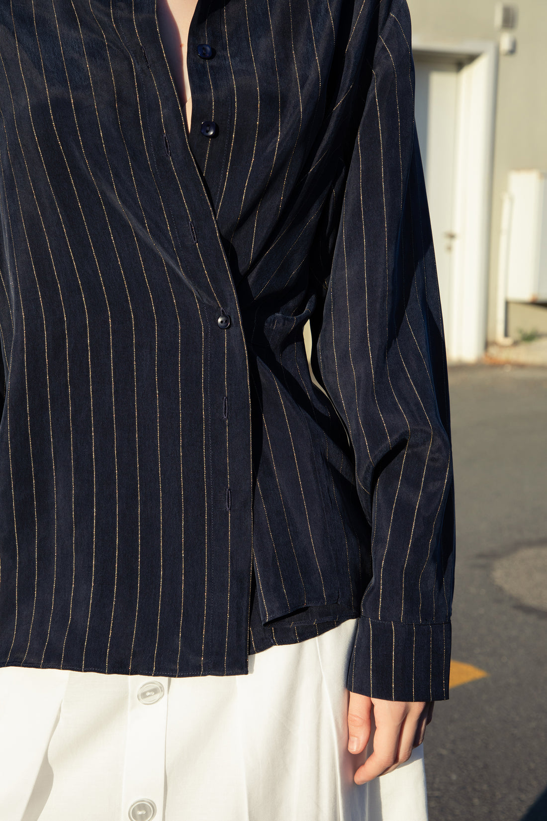 Navy Gold-Striped Silk-Cupro Multi-Way Shirt