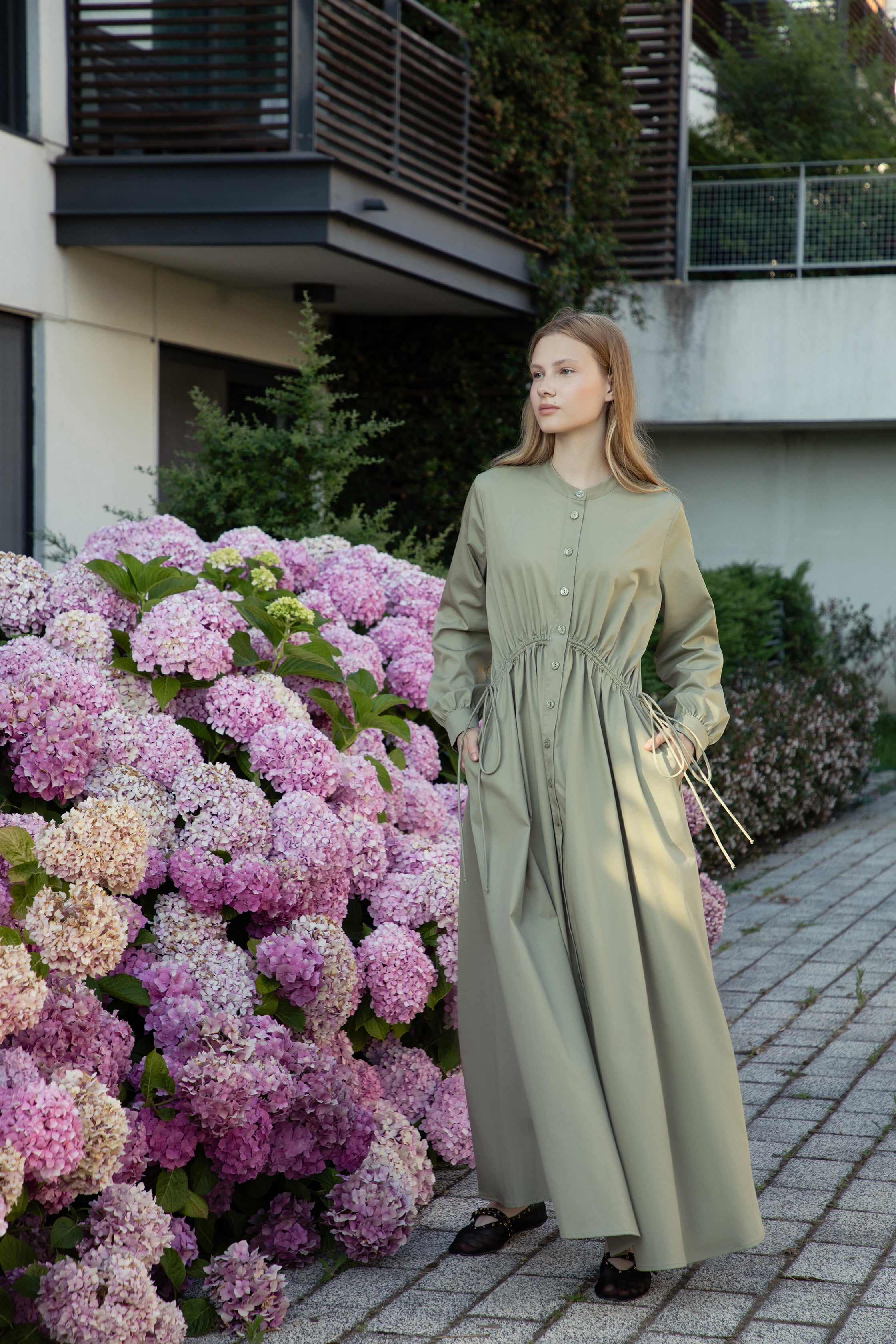 Cold Olive Poplin-Satin Drawstring Dress