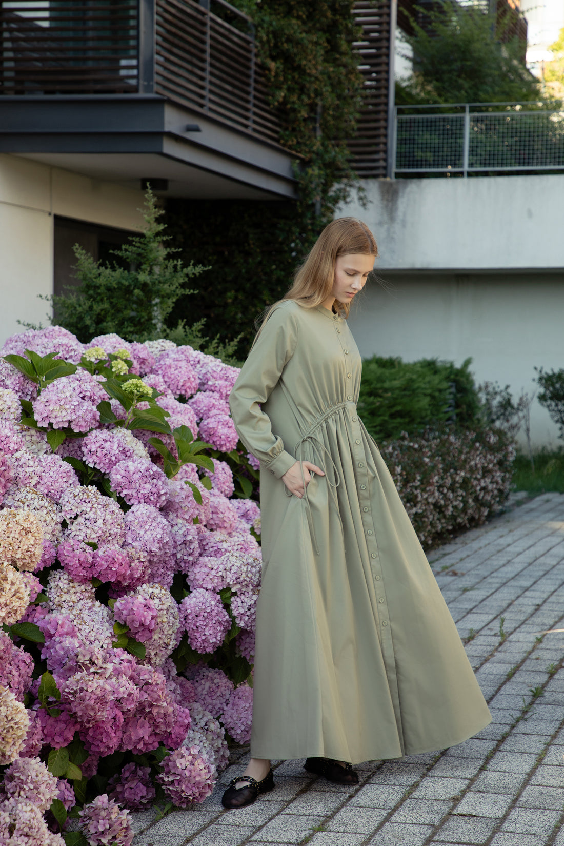 Cold Olive Poplin-Satin Drawstring Dress