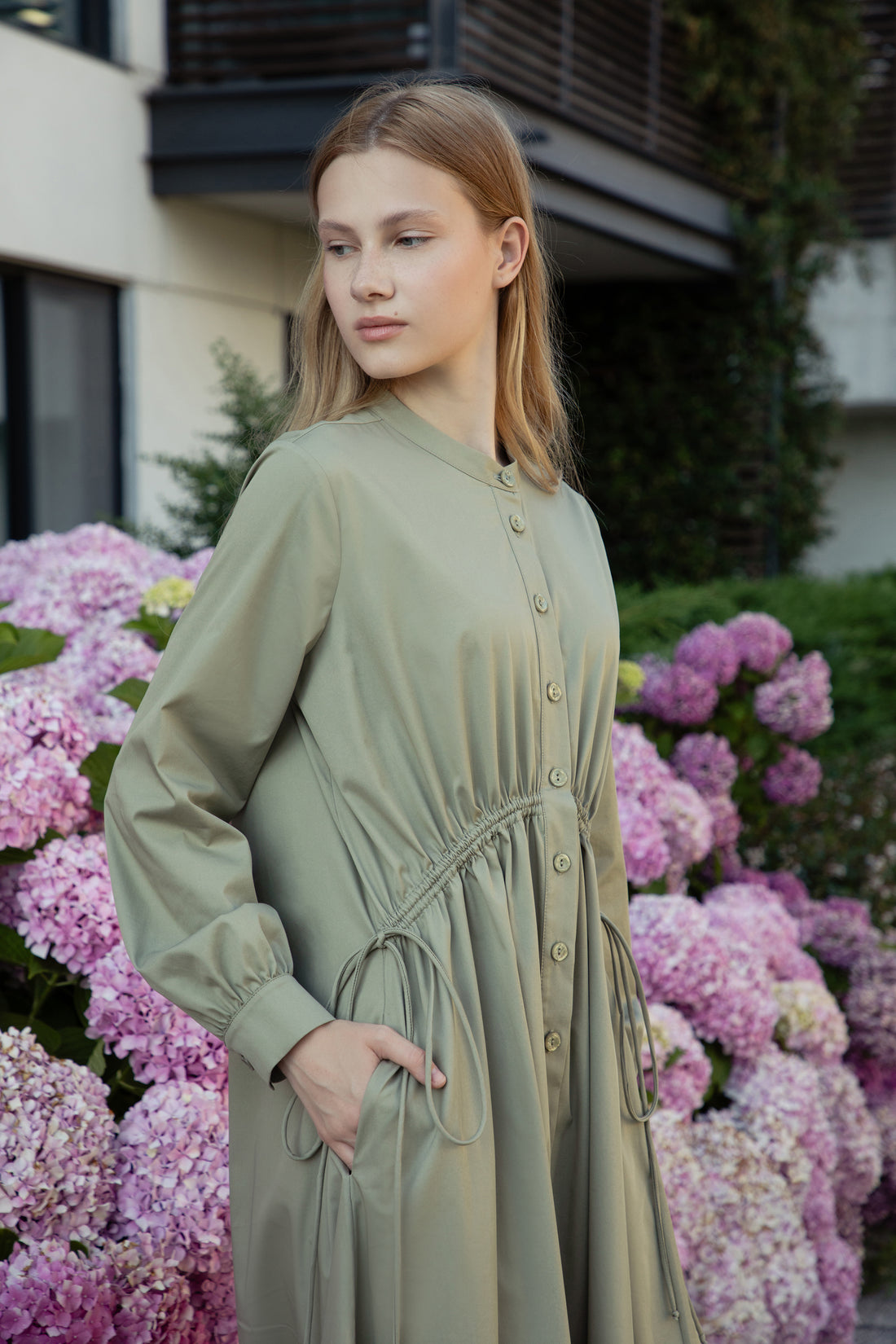 Cold Olive Poplin-Satin Drawstring Dress