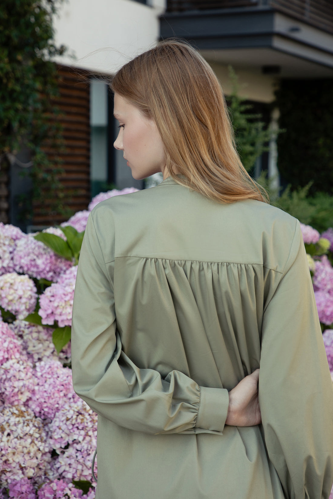 Cold Olive Poplin-Satin Drawstring Dress