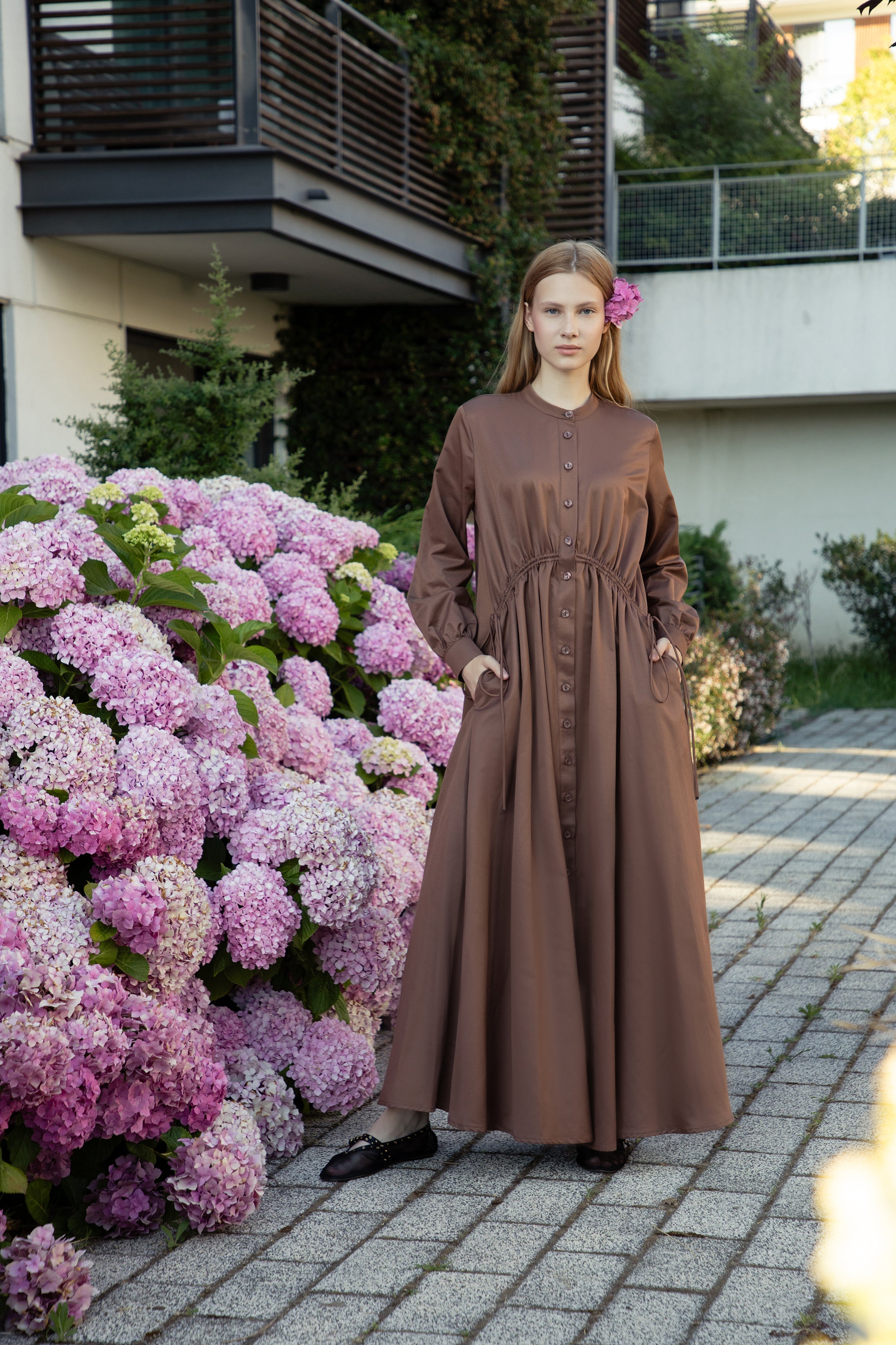 Chocolate Poplin-Satin Drawstring Dress