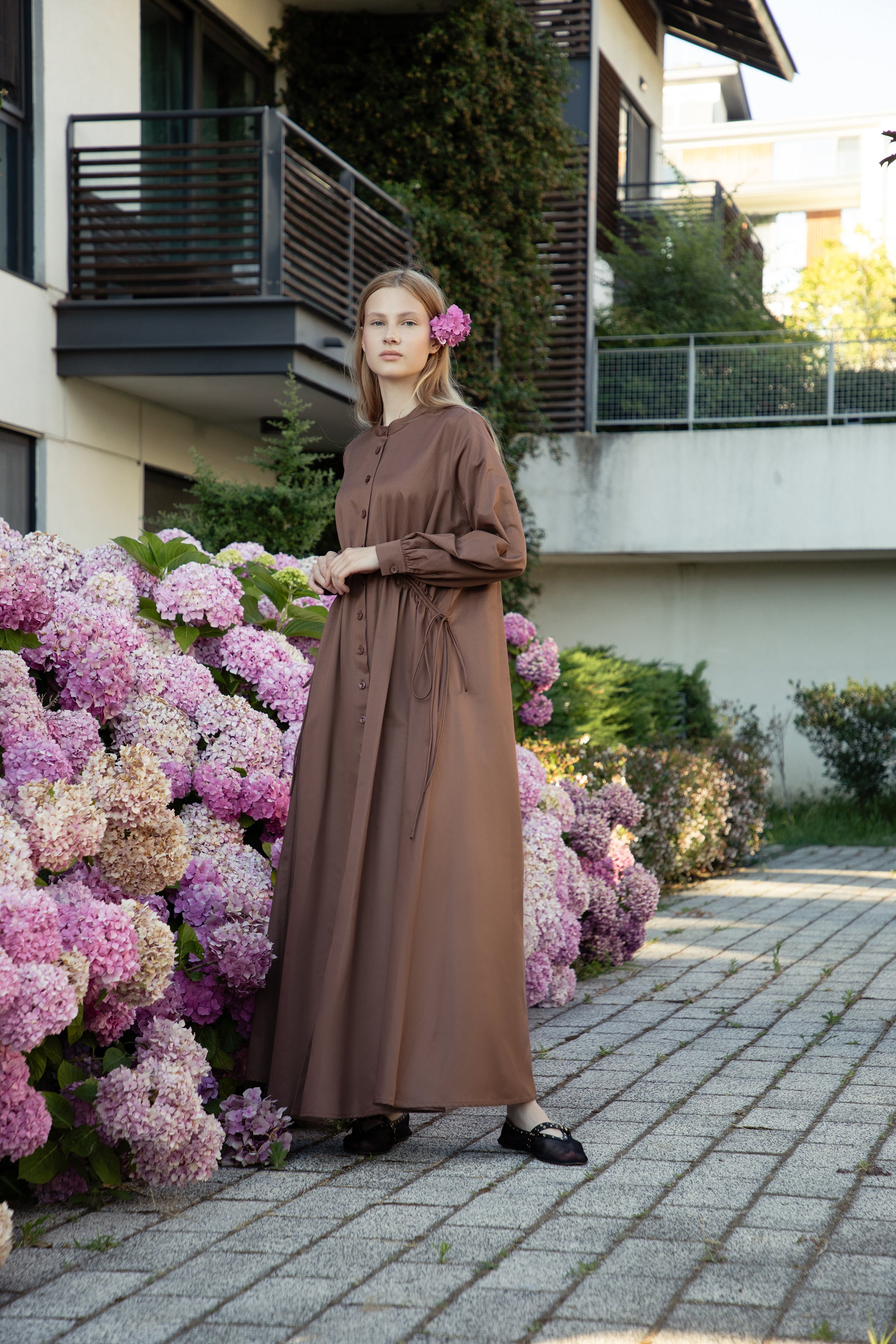 Chocolate Poplin-Satin Drawstring Dress