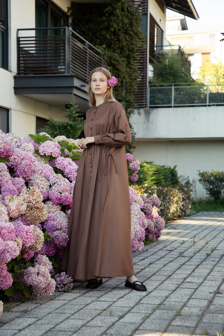 Chocolate Poplin-Satin Drawstring Dress