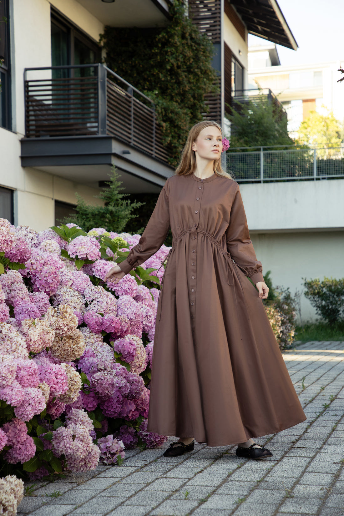 Chocolate Poplin-Satin Drawstring Dress