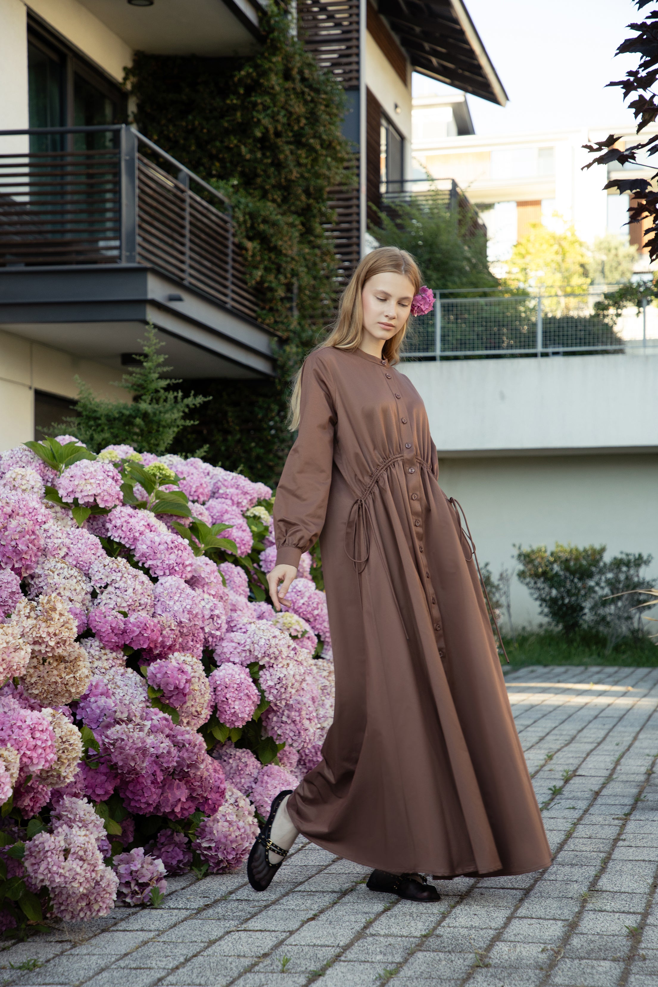 Chocolate Poplin-Satin Drawstring Dress