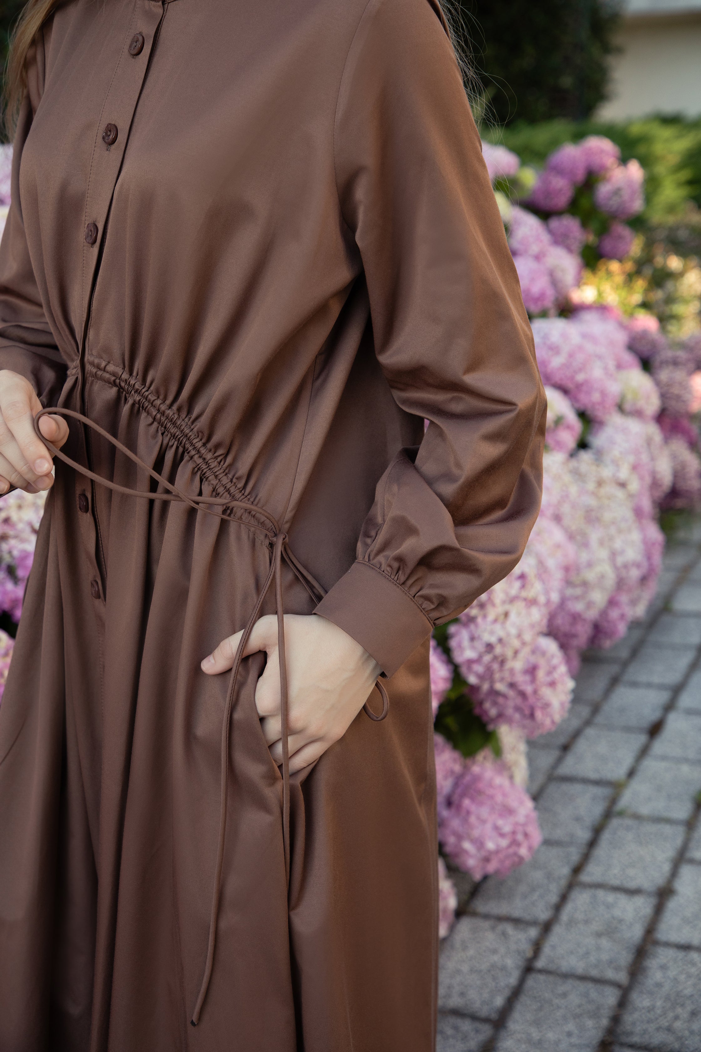 Chocolate Poplin-Satin Drawstring Dress