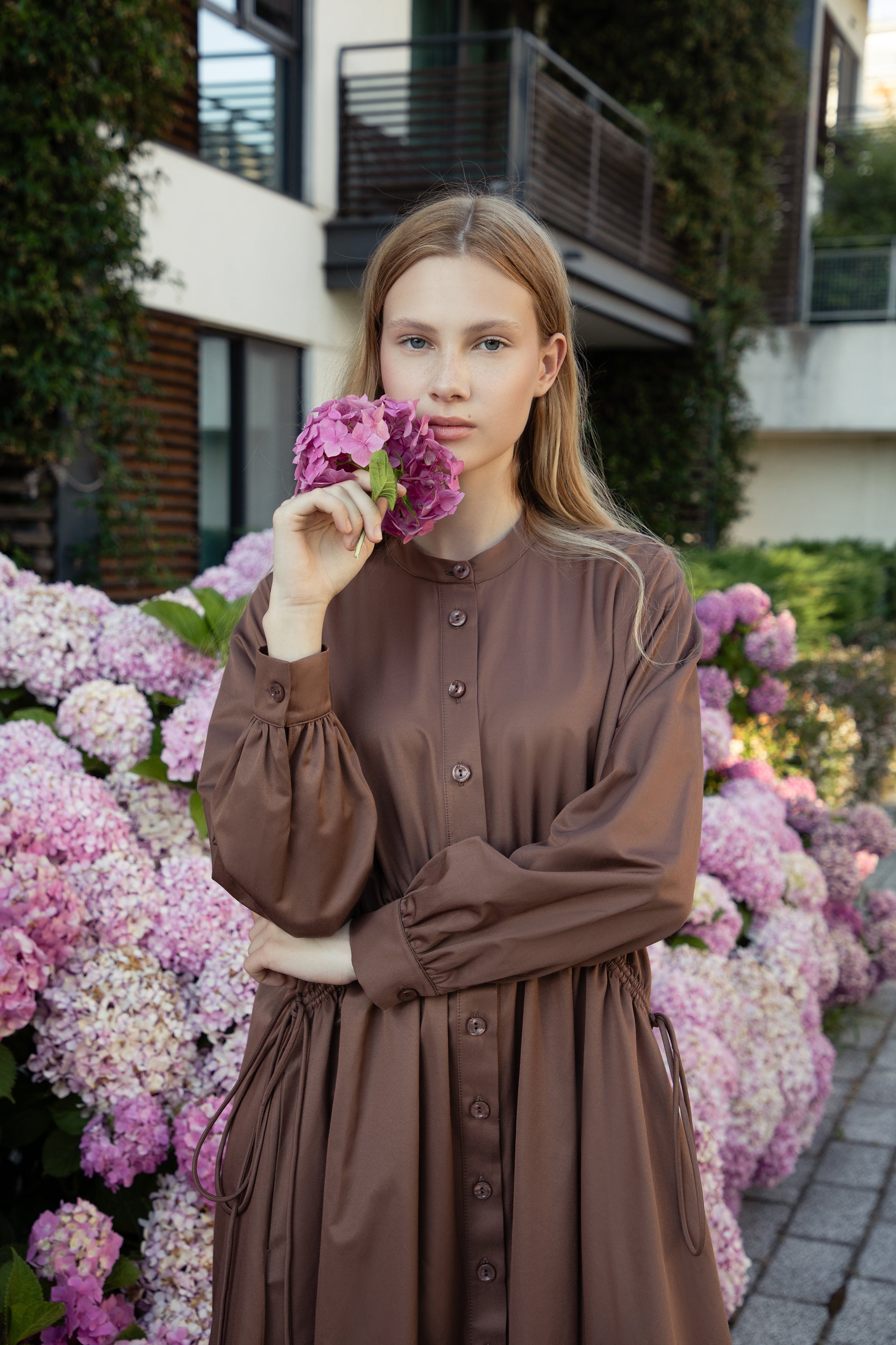 Chocolate Poplin-Satin Drawstring Dress