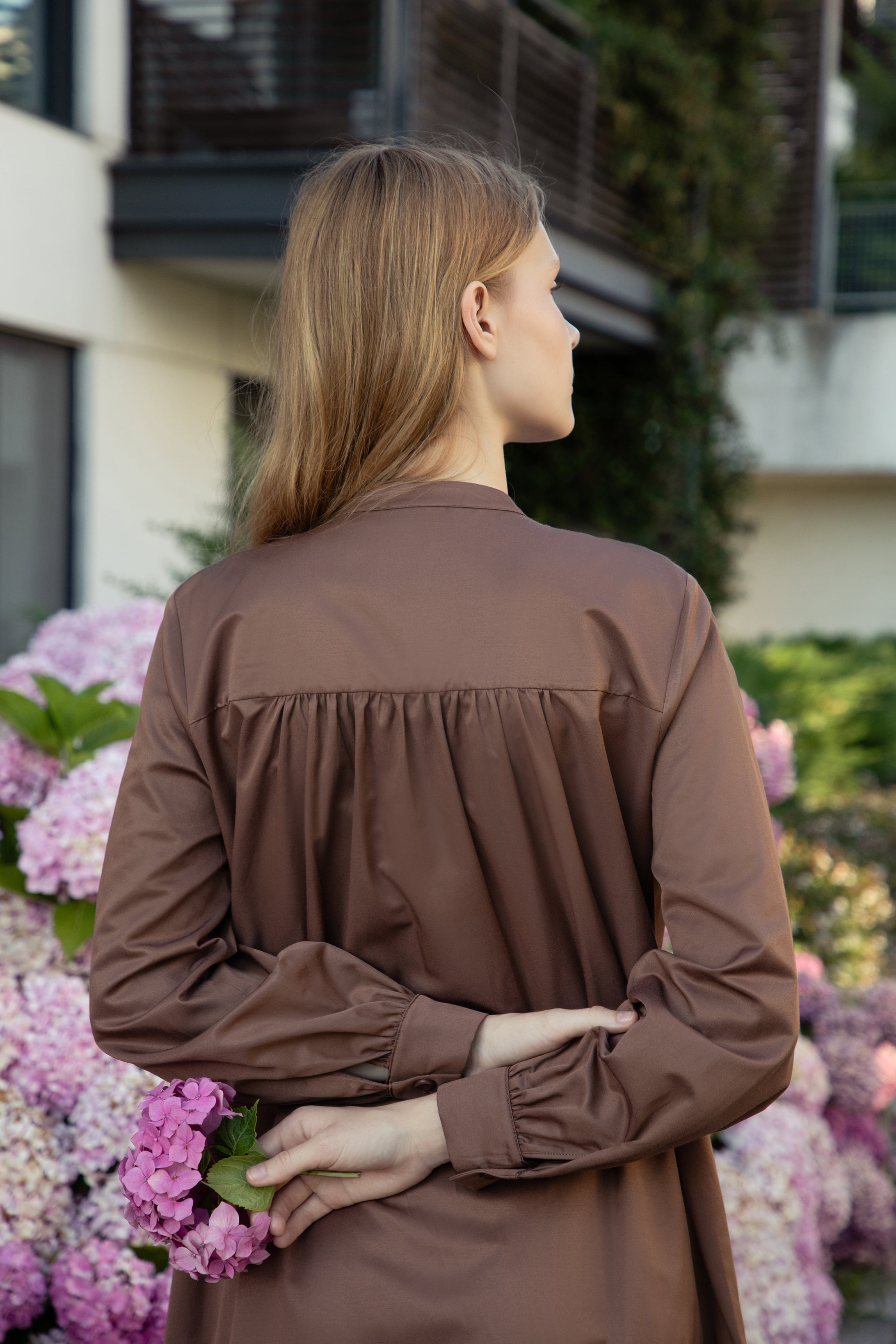 Chocolate Poplin-Satin Drawstring Dress