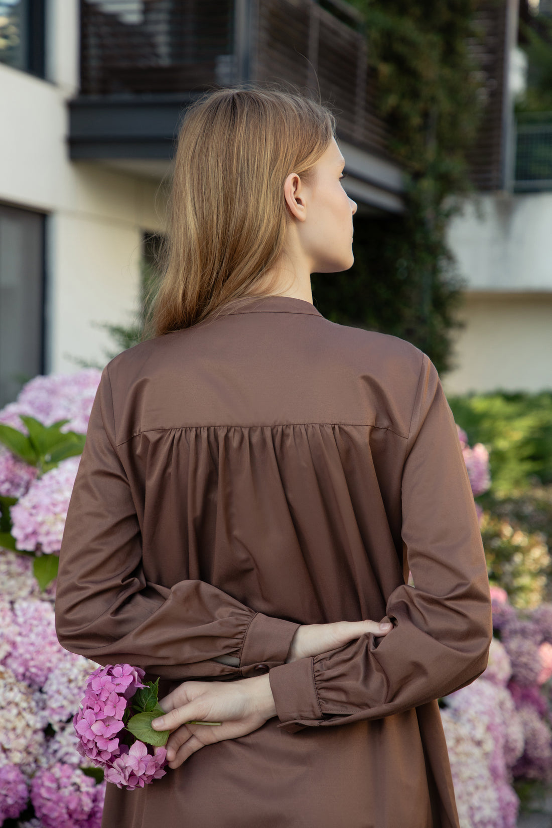 Chocolate Poplin-Satin Drawstring Dress