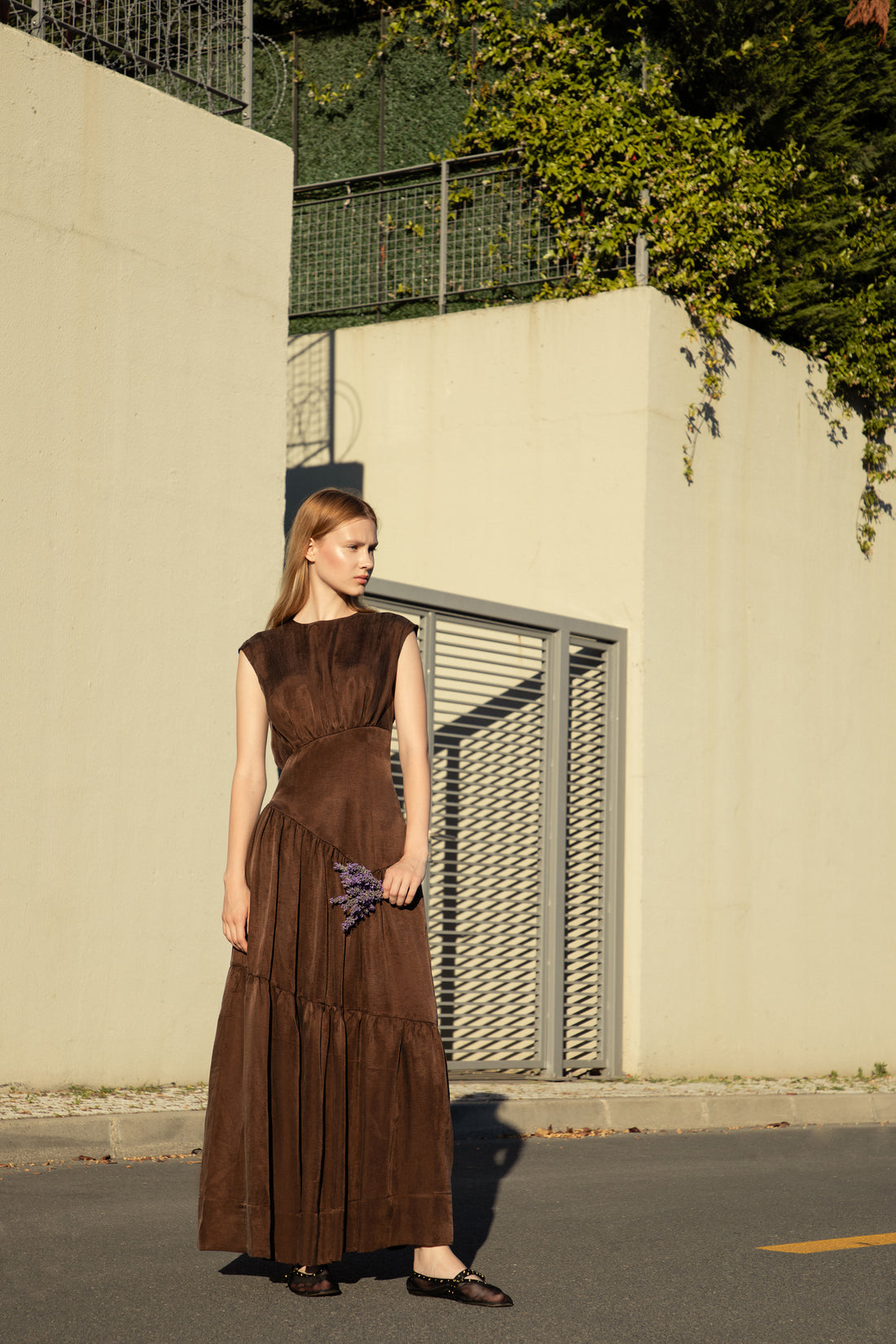 Dark Cocoa Cupro-Linen Shimmer Dress