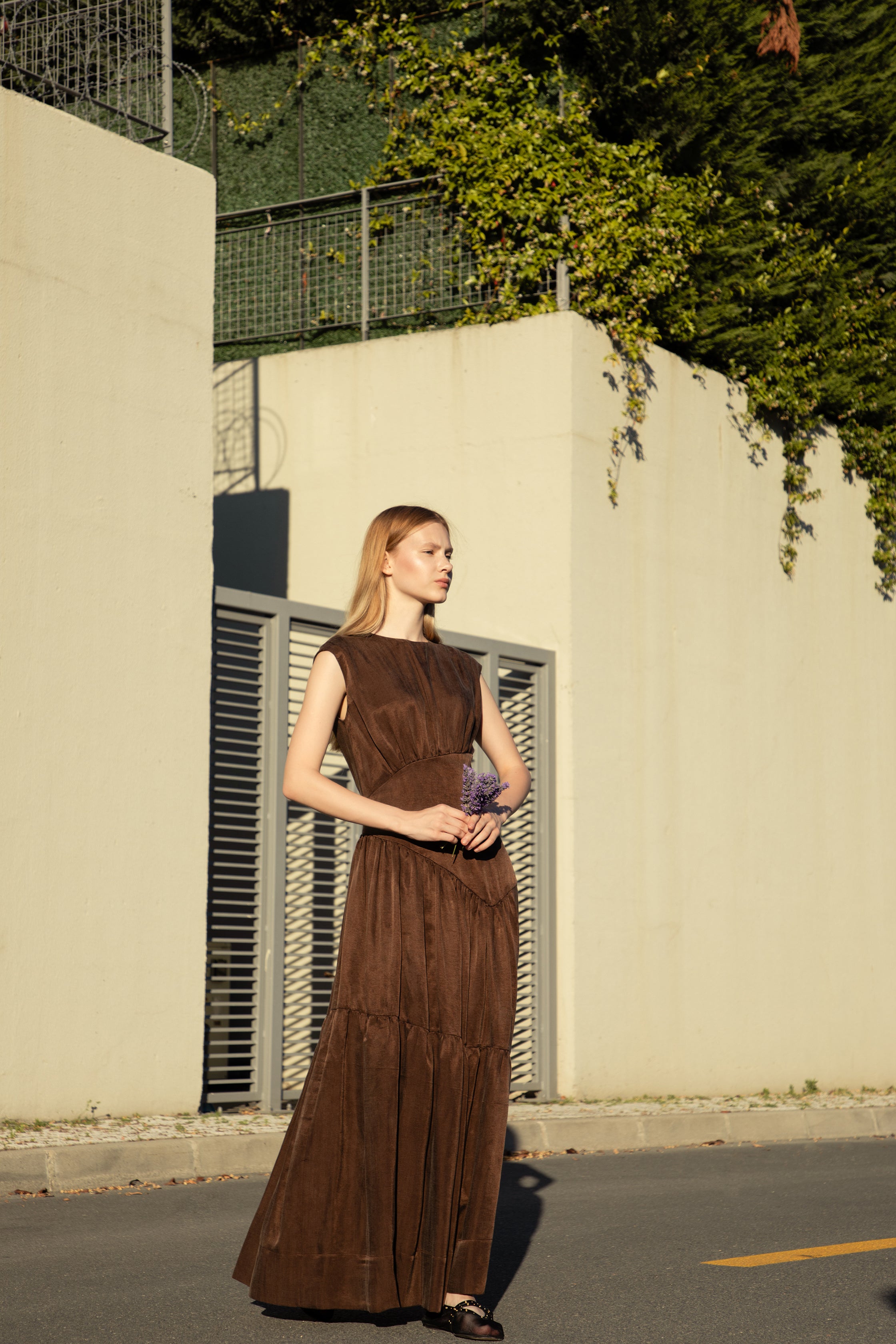 Dark Cocoa Cupro-Linen Shimmer Dress