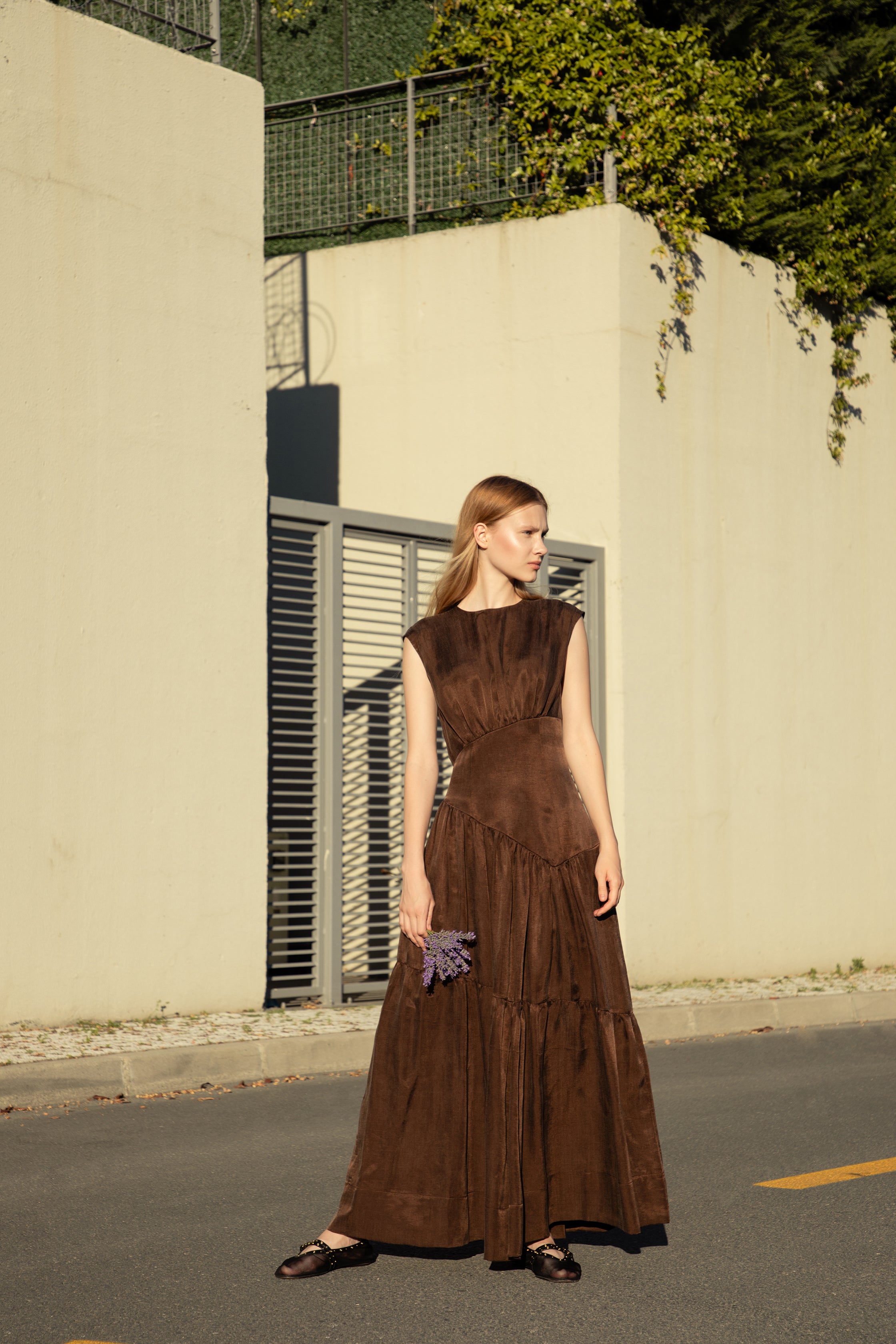 Dark Cocoa Cupro-Linen Shimmer Dress