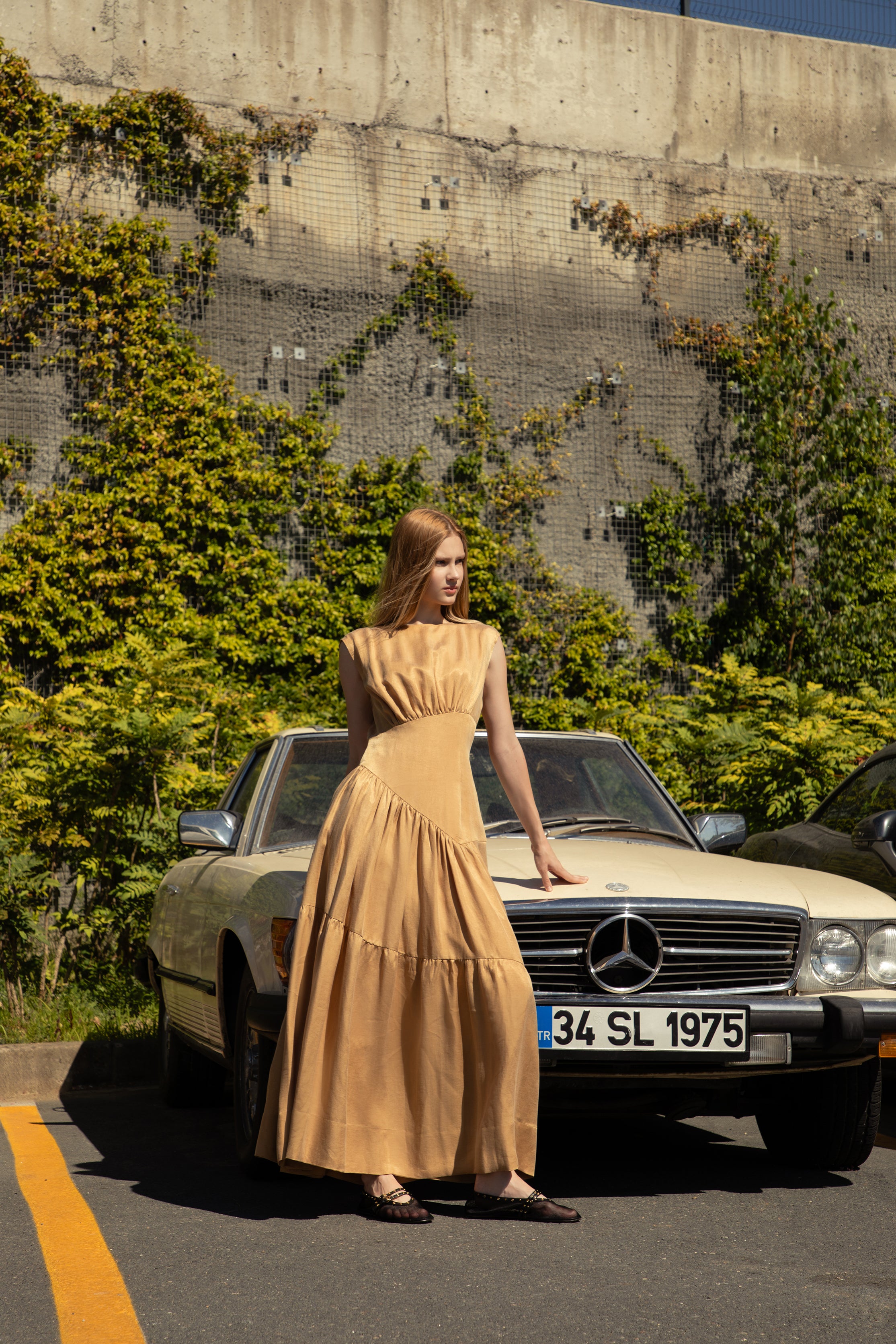 Caramel Honey Cupro-Linen Flowing Dress