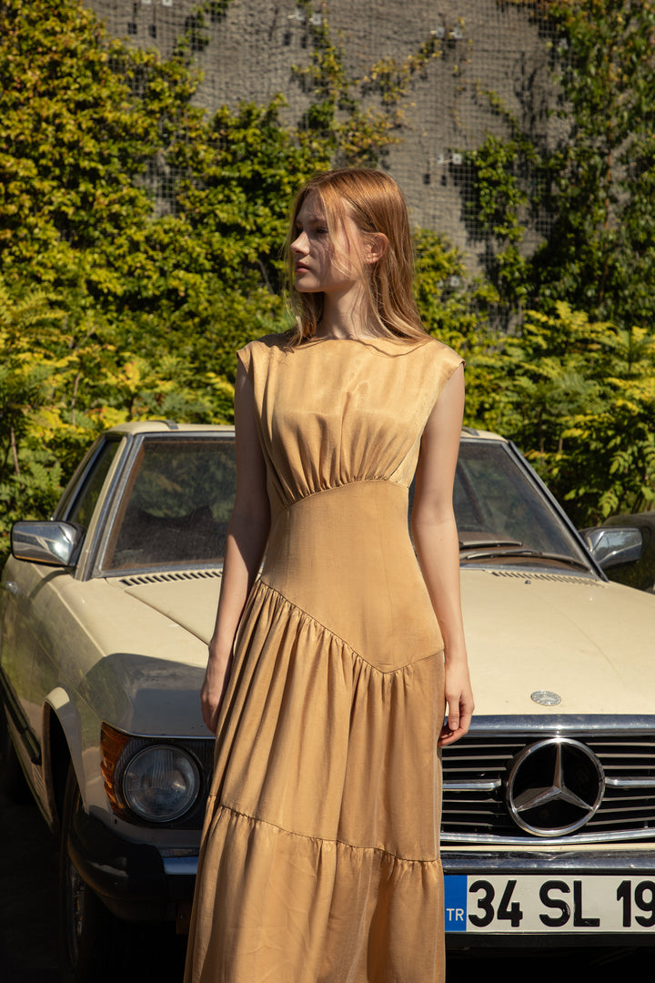 Caramel Honey Cupro-Linen Flowing Dress