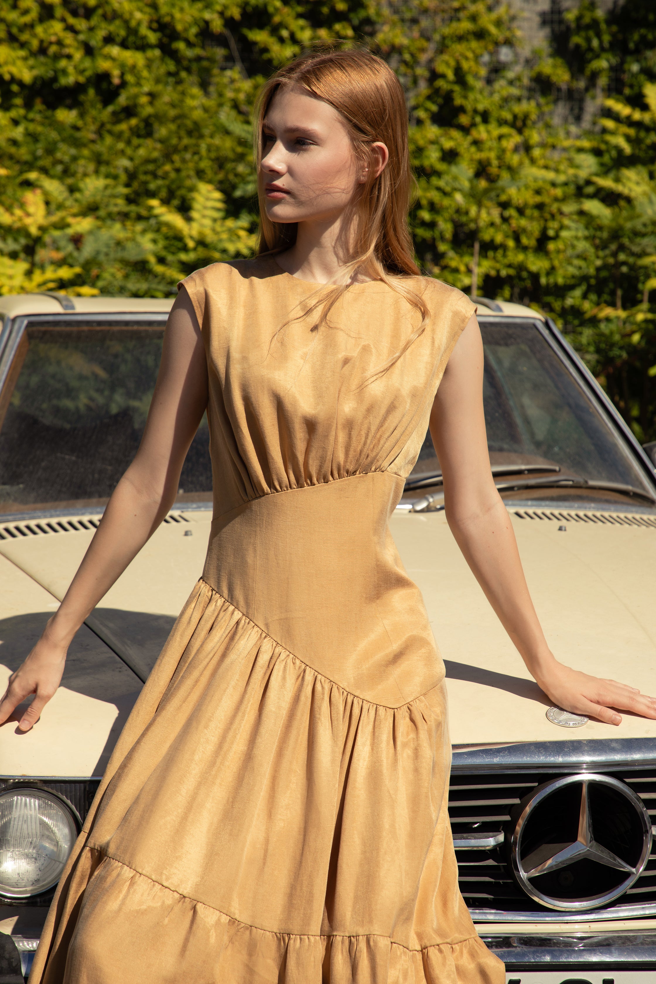 Caramel Honey Cupro-Linen Flowing Dress