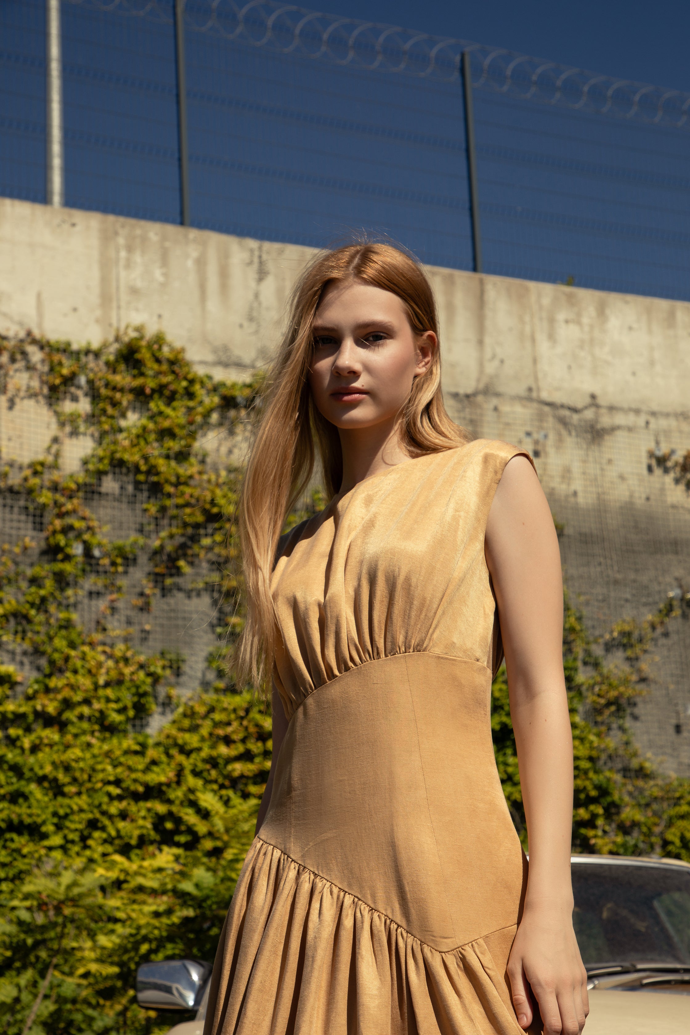 Caramel Honey Cupro-Linen Flowing Dress