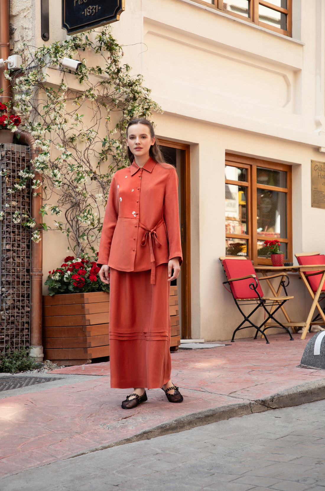 Terracotta Cupro-Linen Belted Shirt & Skirt