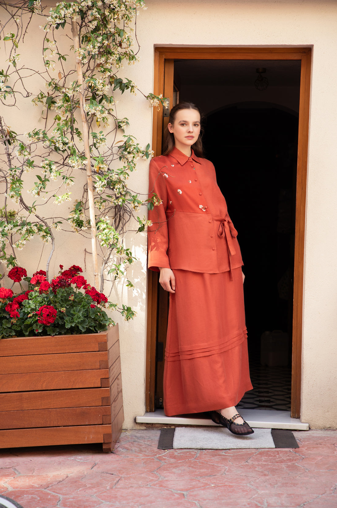 Terracotta Cupro-Linen Belted Shirt & Skirt
