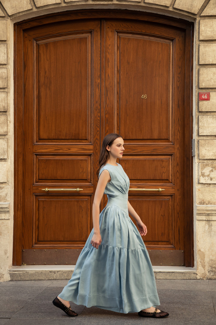 Blue Water Cupro-Linen Flowing Dress