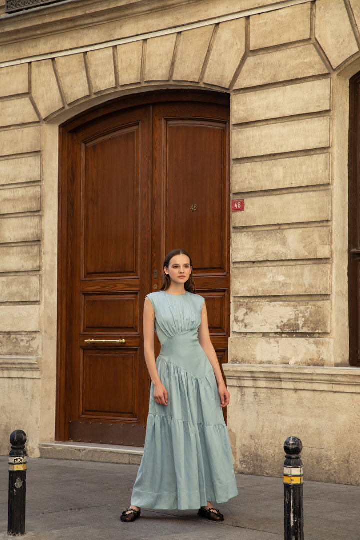 Blue Water Cupro-Linen Flowing Dress