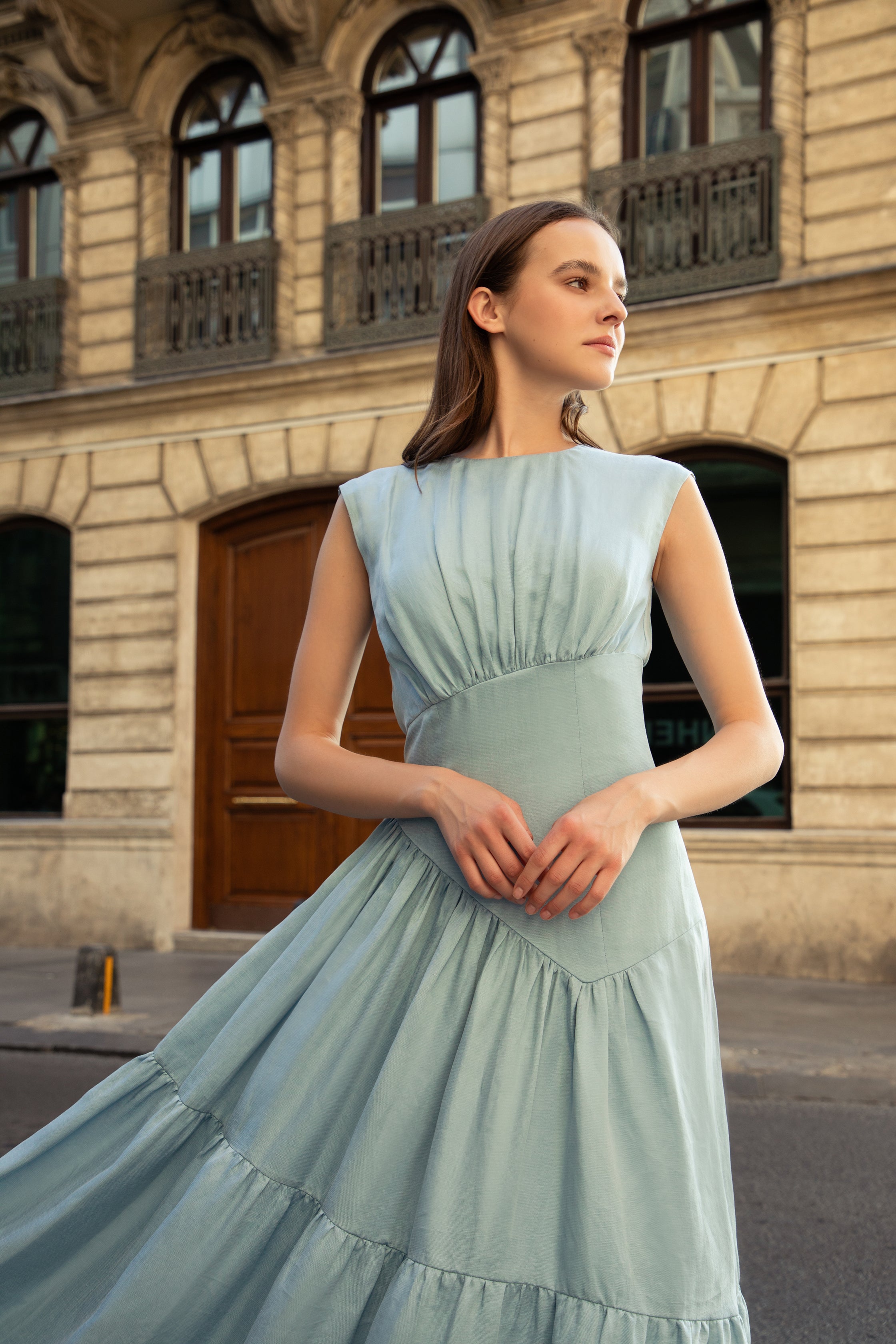 Blue Water Cupro-Linen Flowing Dress