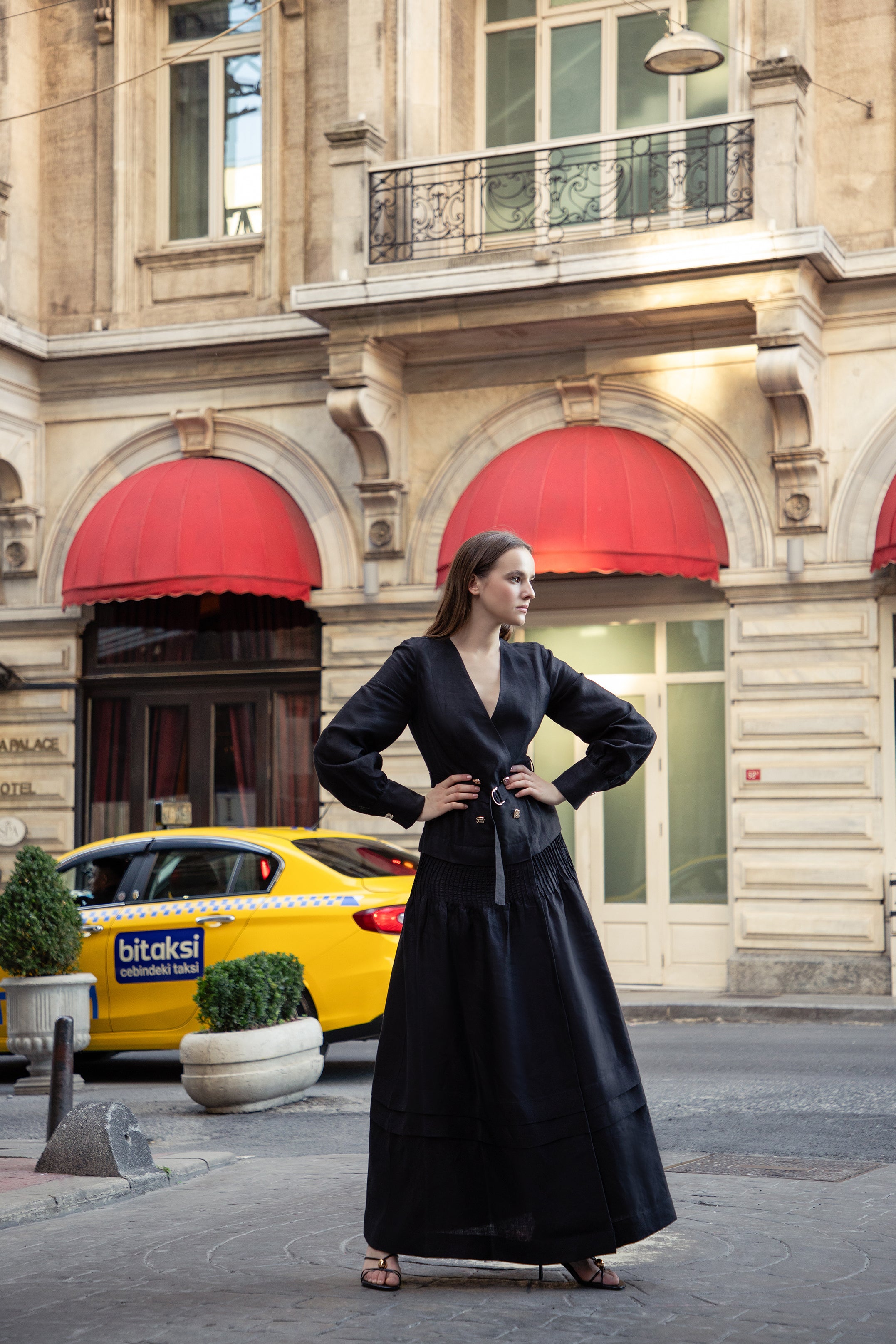 Double-Breasted Linen Belted Dress