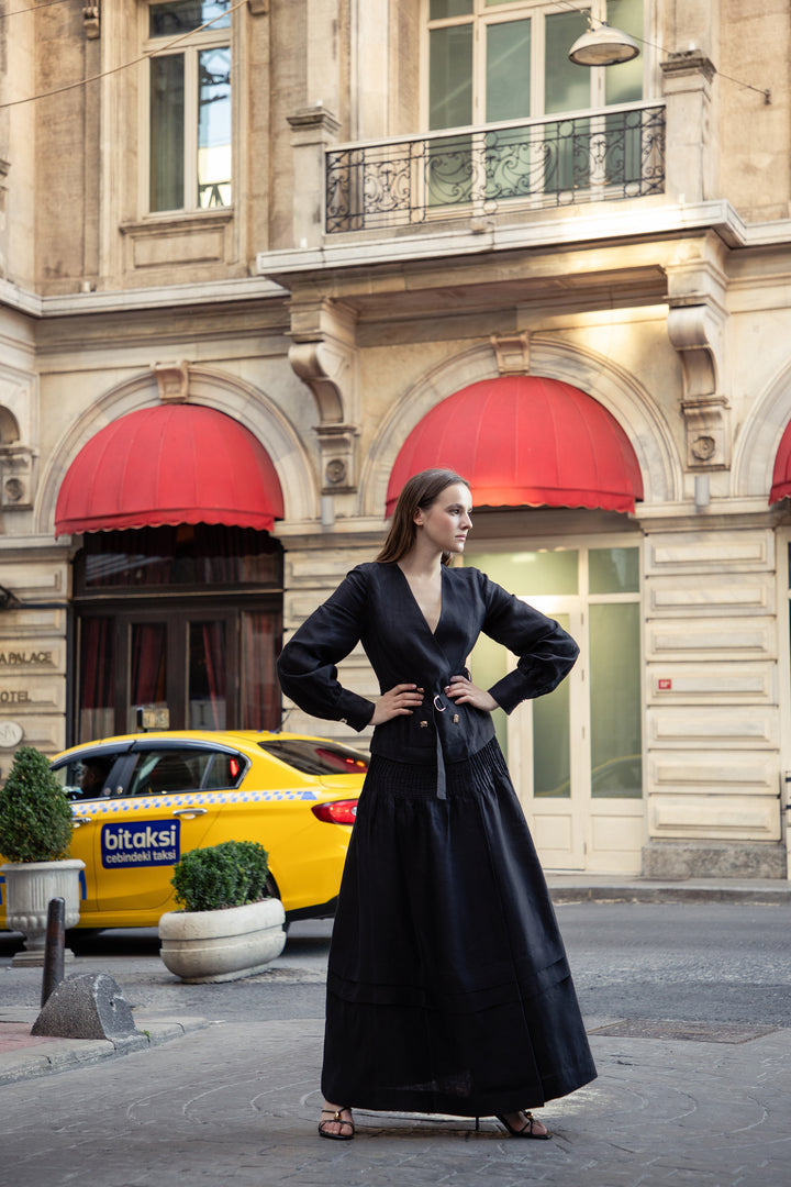 Double-Breasted Linen Belted Dress