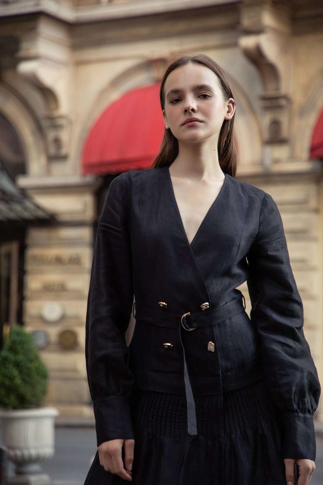 Double-Breasted Linen Belted Dress