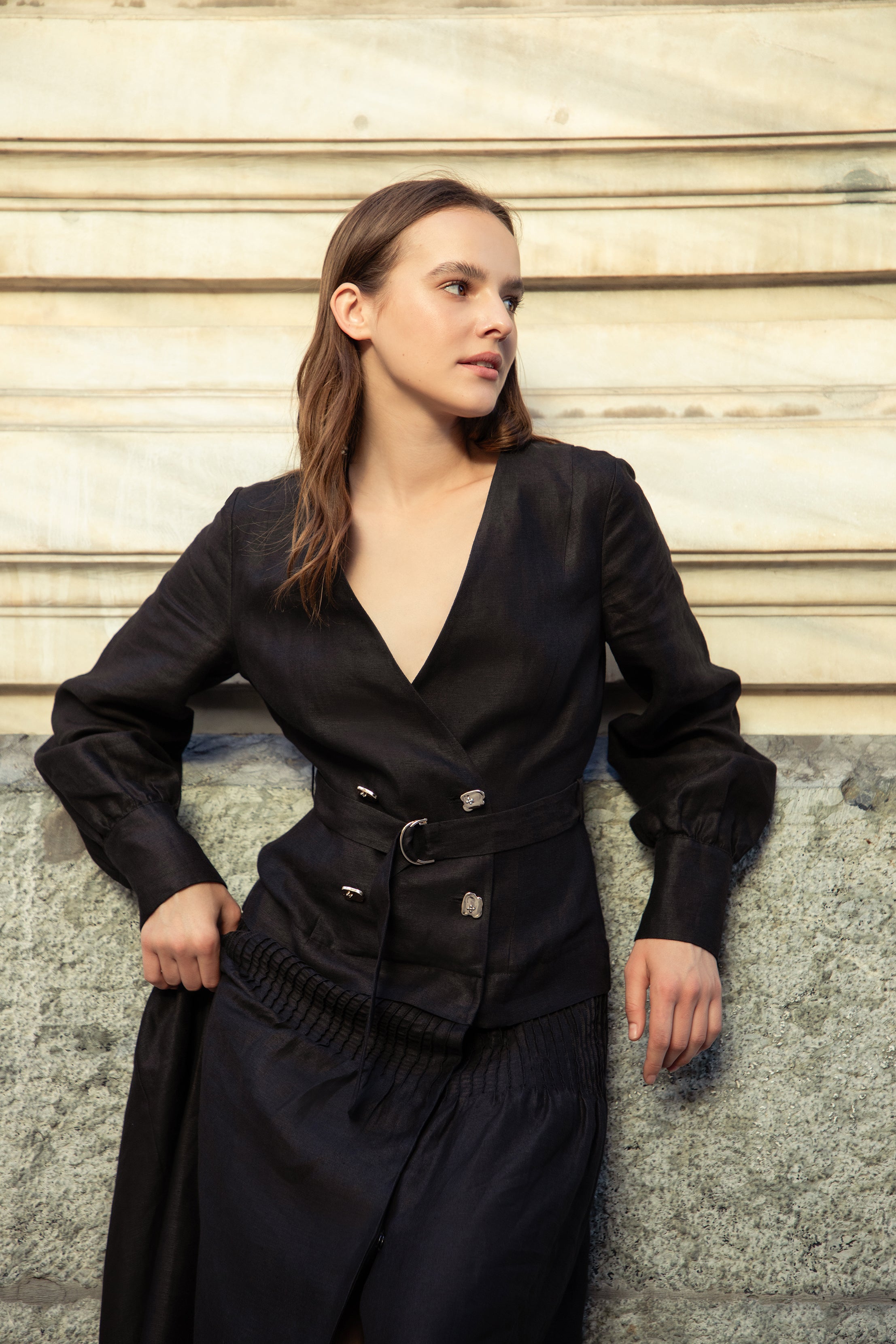 Double-Breasted Linen Belted Dress